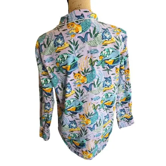 Printfresh meowing mermaids cat cotton sleep top button pajama shirt purple XS - Picture 3 of 4
